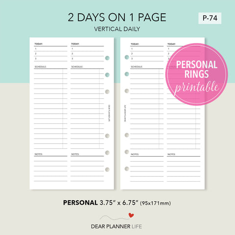 Vertical Layout of 2 Days on 1 Page (Personal size) Printable PDF : P-74