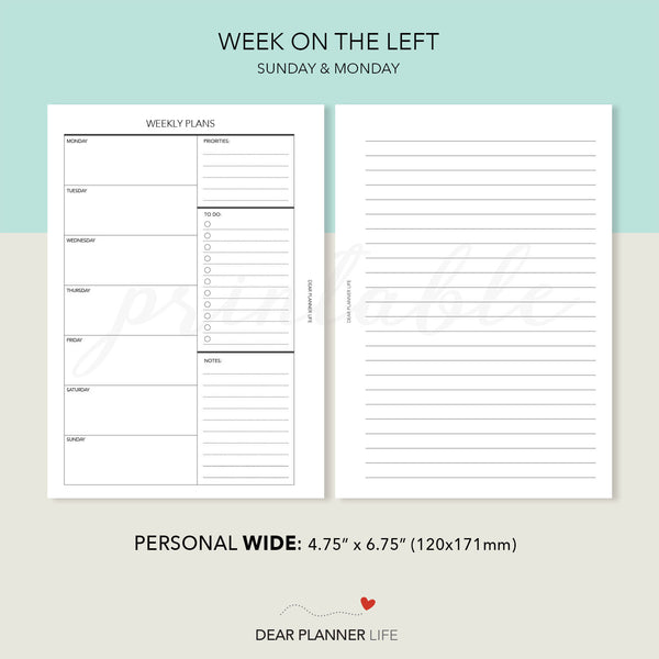 Undated Week on 1 Page (Personal WIDE) Printable PDF : W-07
