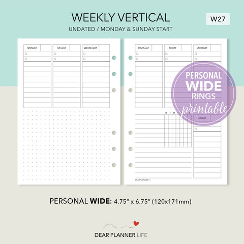 Vertical Half Boxes Week on 2 Pages (Pers WIDE) Printable PDF : W-27