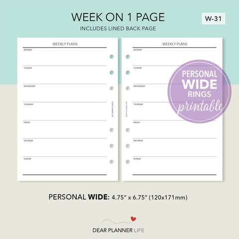 Simple Week on 1 Page, Undated (Personal WIDE) Printable PDF : W-31
