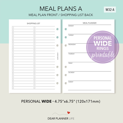 Meal Plans With Shopping List (Personal WIDE) Printable PDF : W32-A