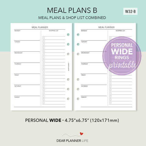 Meal Planning Page (Personal WIDE) Printable PDF : W32-B