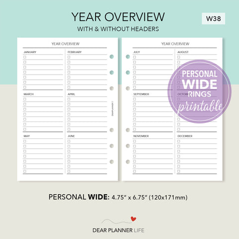 Year Overview (Personal WIDE) Printable PDF : W-38