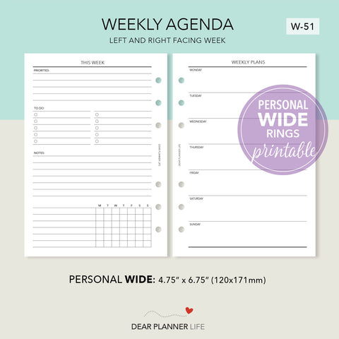 Undated Week on 1 Page / Agenda (Personal WIDE) Printable PDF : W-51