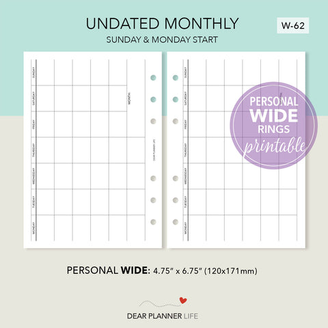 Horizontal Month on 1 Page Template (Personal WIDE) Printable PDF : W-62