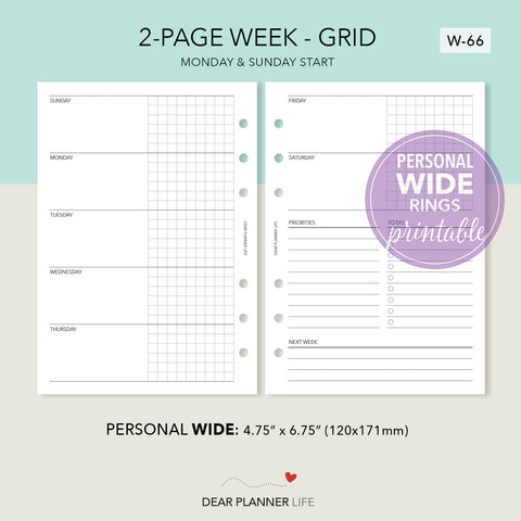 Horizontal Weekly with Grid (Pers WIDE) Printable PDF : W-66