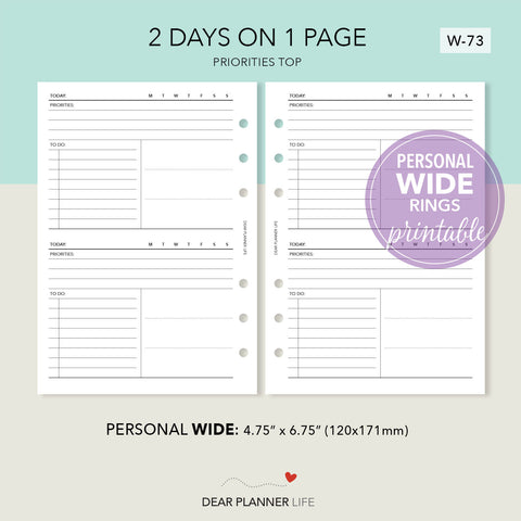 2 Days on 1 Page Priorities on Top (Personal WIDE) Printable PDF : W-73