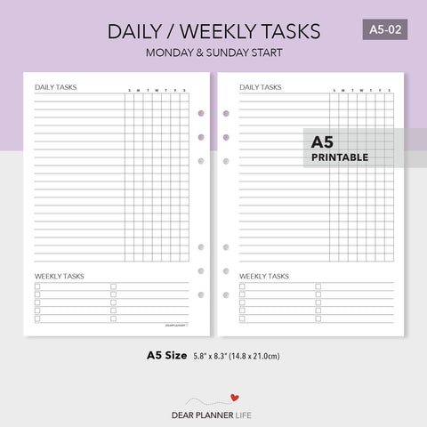 Daily/Weekly Tasks Tracker (A5 Size) PDF Printable (A5-02)