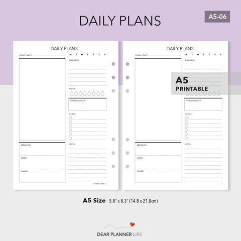 Daily Plans / Day on 1 Page PDF Printable (A5-06)