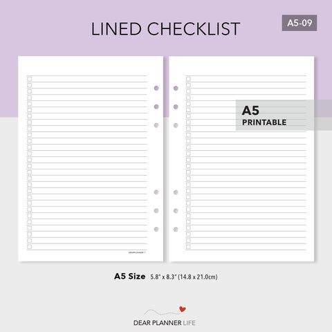 Lined Checklist (A5 Size) PDF Printable (A5-09)