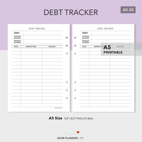 Debt Tracker (A5 Size) PDF Printable (A5-20)