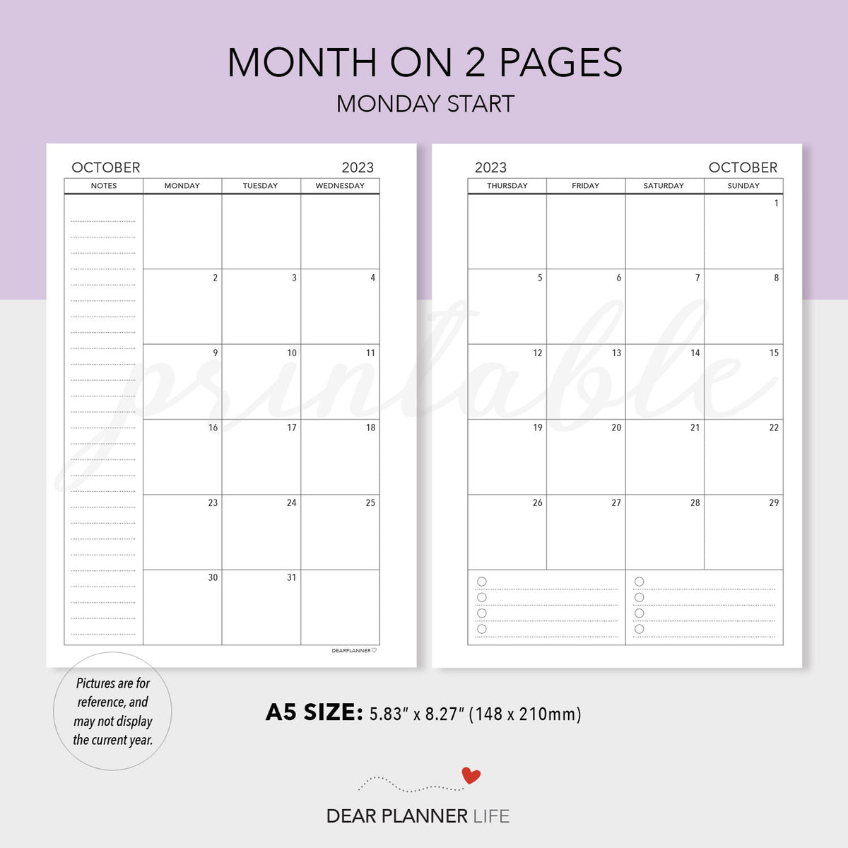 2023 A5 Size Calendar Month on 2 Pages (Monday Start) Printable PDF