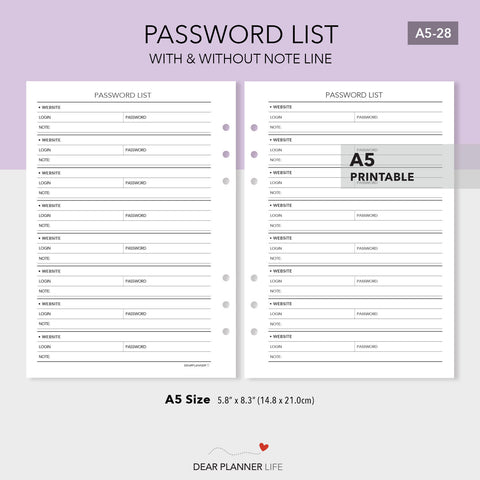 Password List (A5 Size) PDF Printable (A5-28)