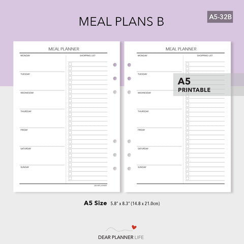 Meal Planning (A5 Size) PDF Printable (A5-32B)