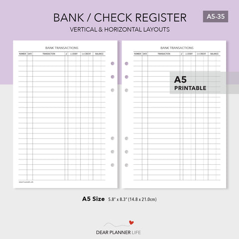 Bank / Check Register Template (A5 size) PDF Printable (A5-35)