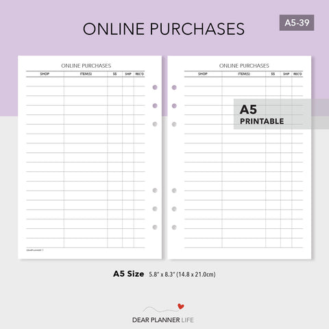 Online Purchases Tracker (A5 Size) PDF Printable (A5-39)