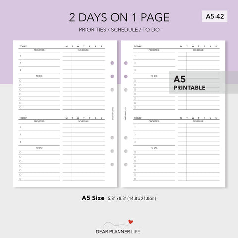 2 Days on 1 Page (A5 Size) PDF Printable (A5-42)