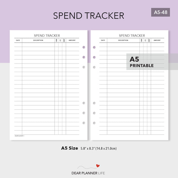 Spend Tracker (A5 size) PDF Printable (A5-48)