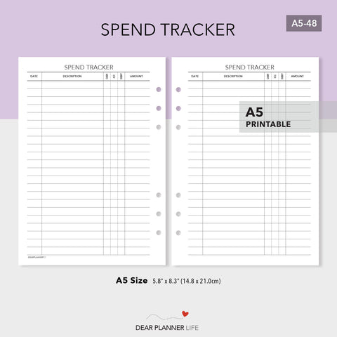 Spend Tracker (A5 size) PDF Printable (A5-48)