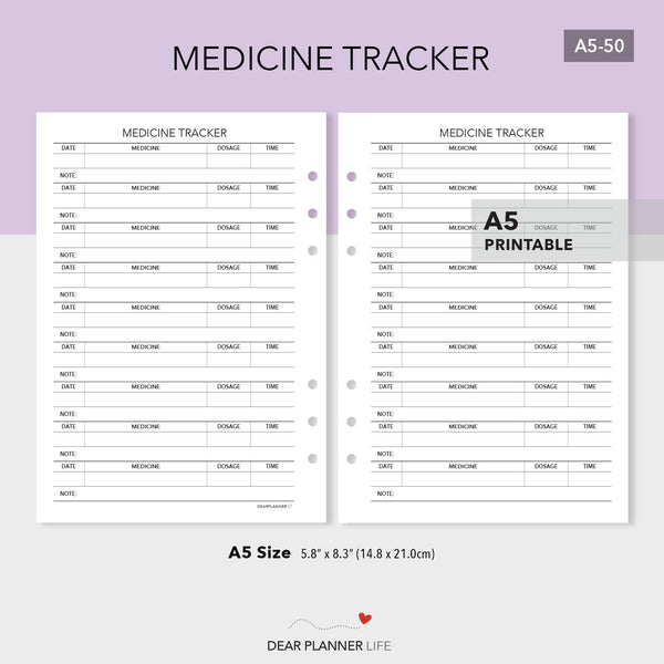 Medicine Tracker (A5 Size) PDF Printable (A5-50)