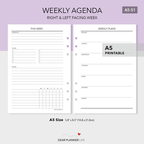Undated Week on 1 Page / Agenda (A5 Size) - PDF Printable (A5-51)