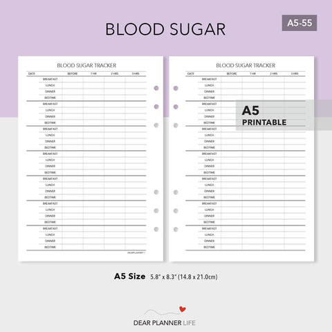 Blood Sugar Tracker (A5 Size) PDF Printable (A5-55)