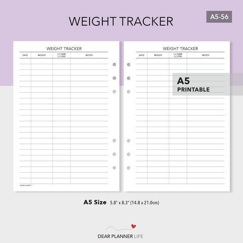 Weight Tracker (A5 Size) PDF Printable (A5-56)