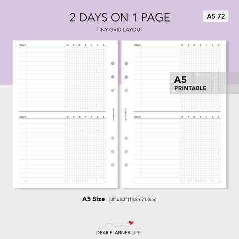 2 Days on 1 Page with Tiny Grid (A5 Size) PDF Printable (A5-72)