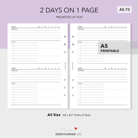 2 Days on 1 Page with Priorities at Top (A5 Size) PDF Printable (A5-73)