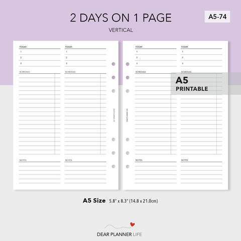 2 Days on 1 Page Vertical Layout (A5 Size) PDF Printable (A5-74)