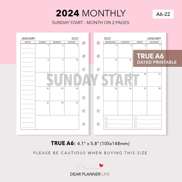 2024 Month on 2 Pages (A6 Rings) Sunday Start, Printable PDF : A6-22