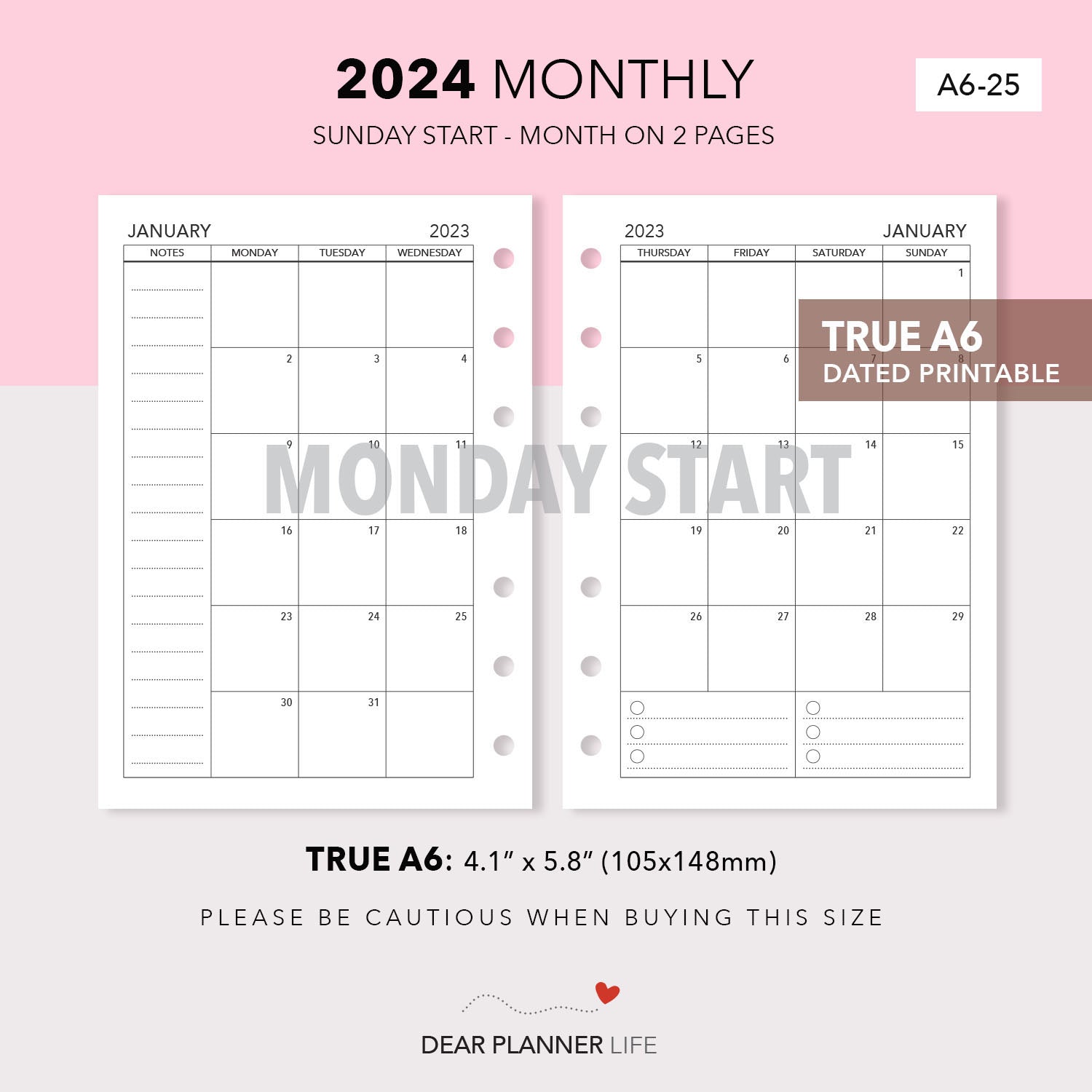 2024 Month on 2 Pages (A6 Rings) MONDAY Start, Printable PDF : A6-25