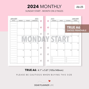 2024 Month on 2 Pages (A6 Rings) MONDAY Start, Printable PDF : A6-25