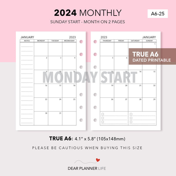 2024 Month on 2 Pages (A6 Rings) MONDAY Start, Printable PDF : A6-25