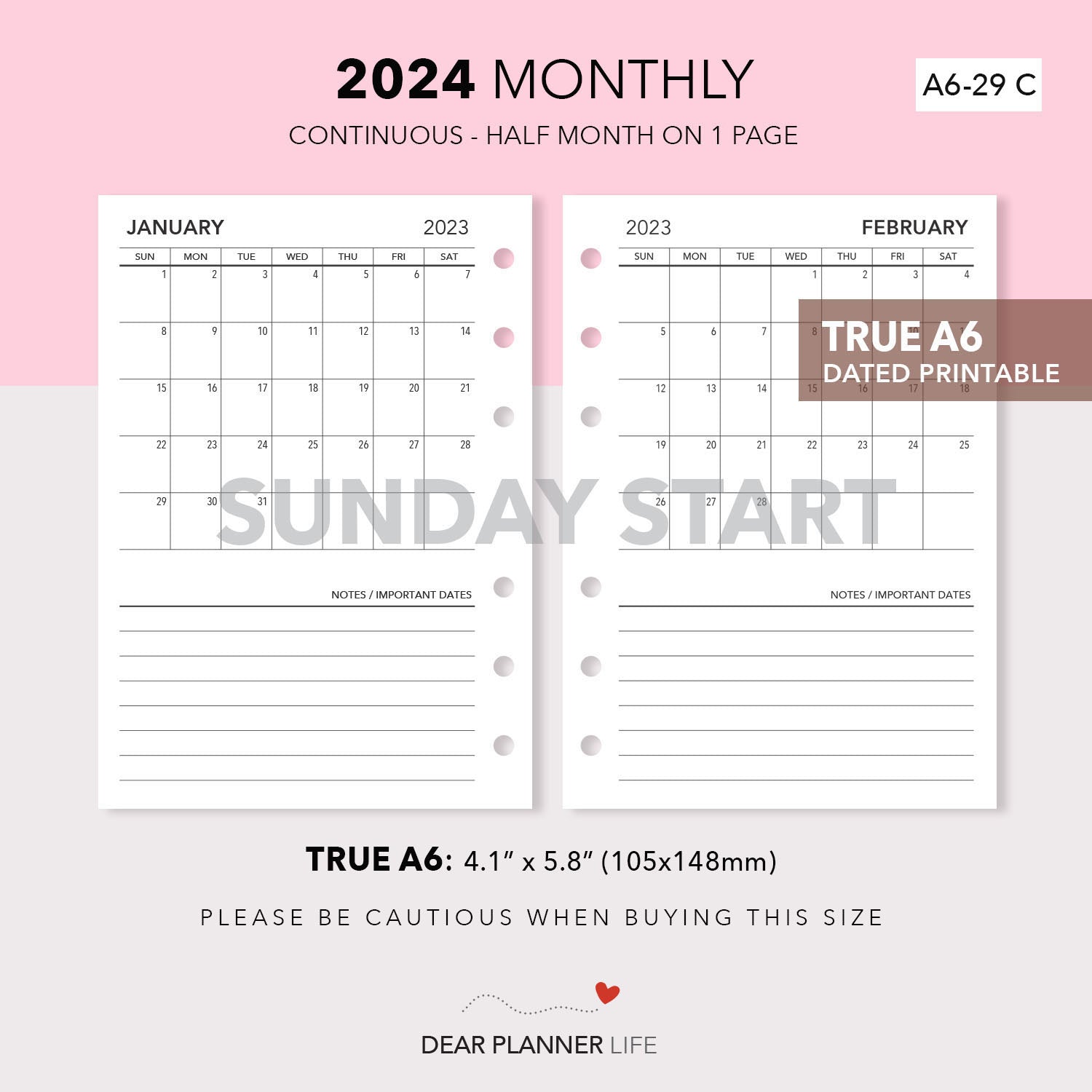 2024 Continuous Month on 1 Page (A6 Rings) SUNDAY Start, Printable PDF : A6-29 C