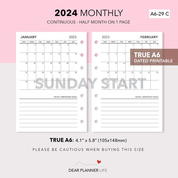 2024 Continuous Month on 1 Page (A6 Rings) SUNDAY Start, Printable PDF : A6-29 C