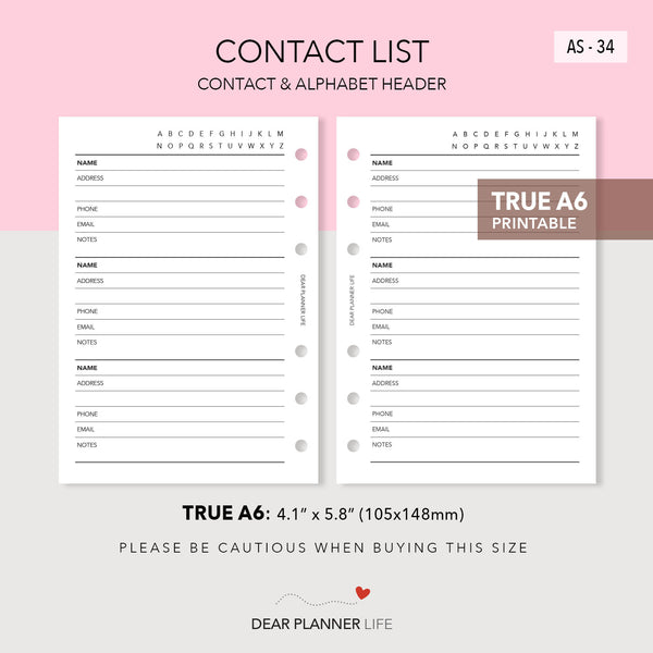 Contacts List (A6 Rings) Printable PDF : AS-34