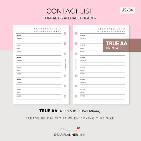 Contacts List (A6 Rings) Printable PDF : AS-34