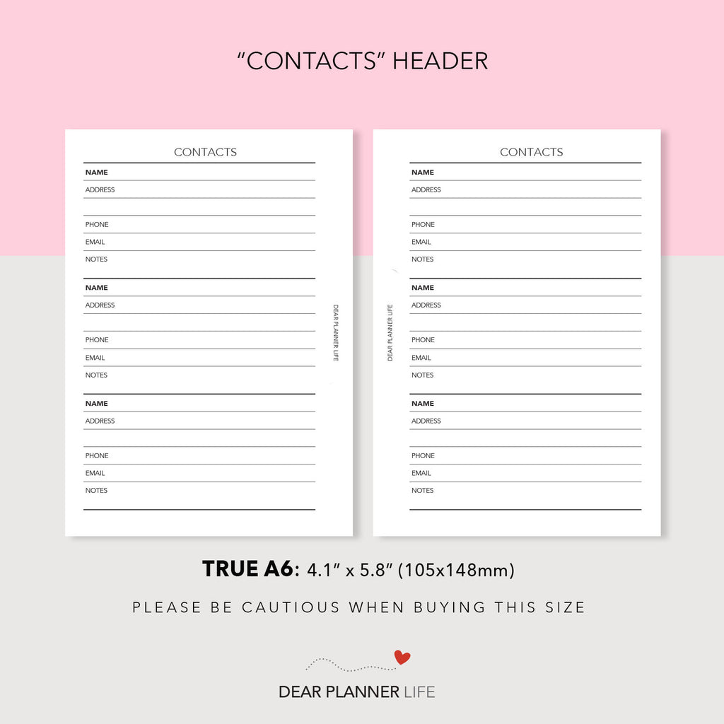 Contacts Pdf File Contacts List (A6 Rings) Printable PDF : AS-34 – DearPlannerLife