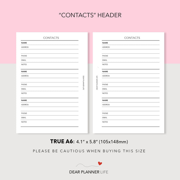 Contacts List (A6 Rings) Printable PDF : AS-34