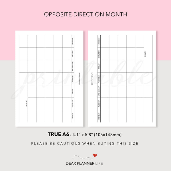 Undated Horizontal Monthly (A6 Rings) Printable PDF : AS-62