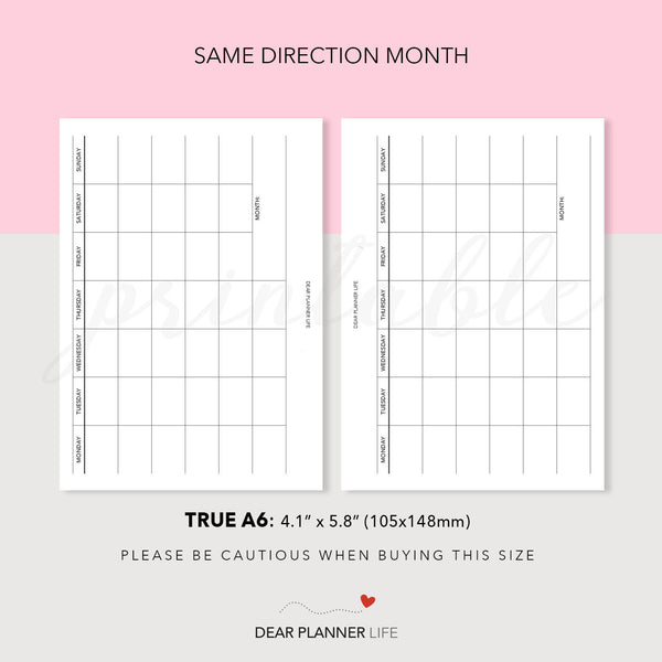 Undated Horizontal Monthly (A6 Rings) Printable PDF : AS-62