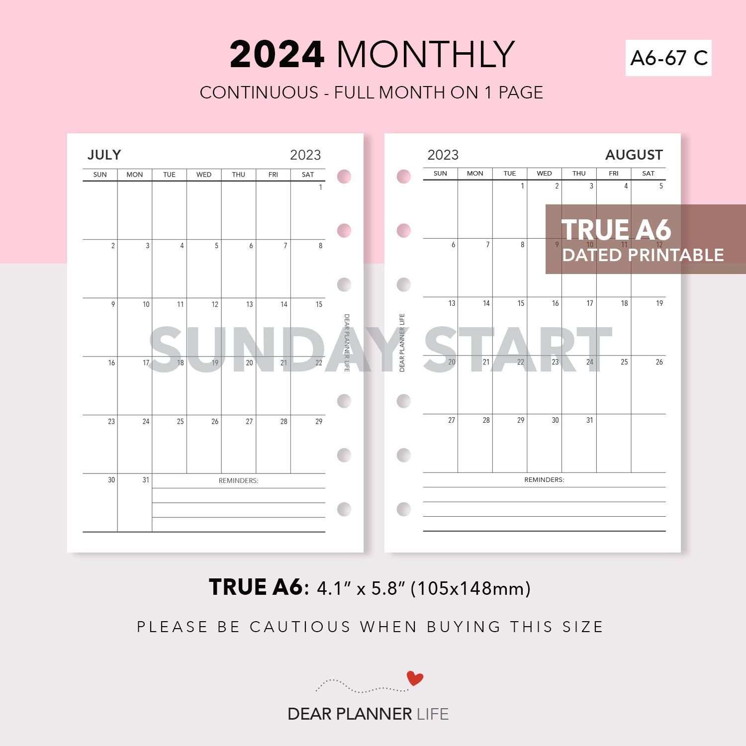 2024 Vertical Month on 1 Page (A6 Rings) SUNDAY Start, Printable PDF : A6-67 C