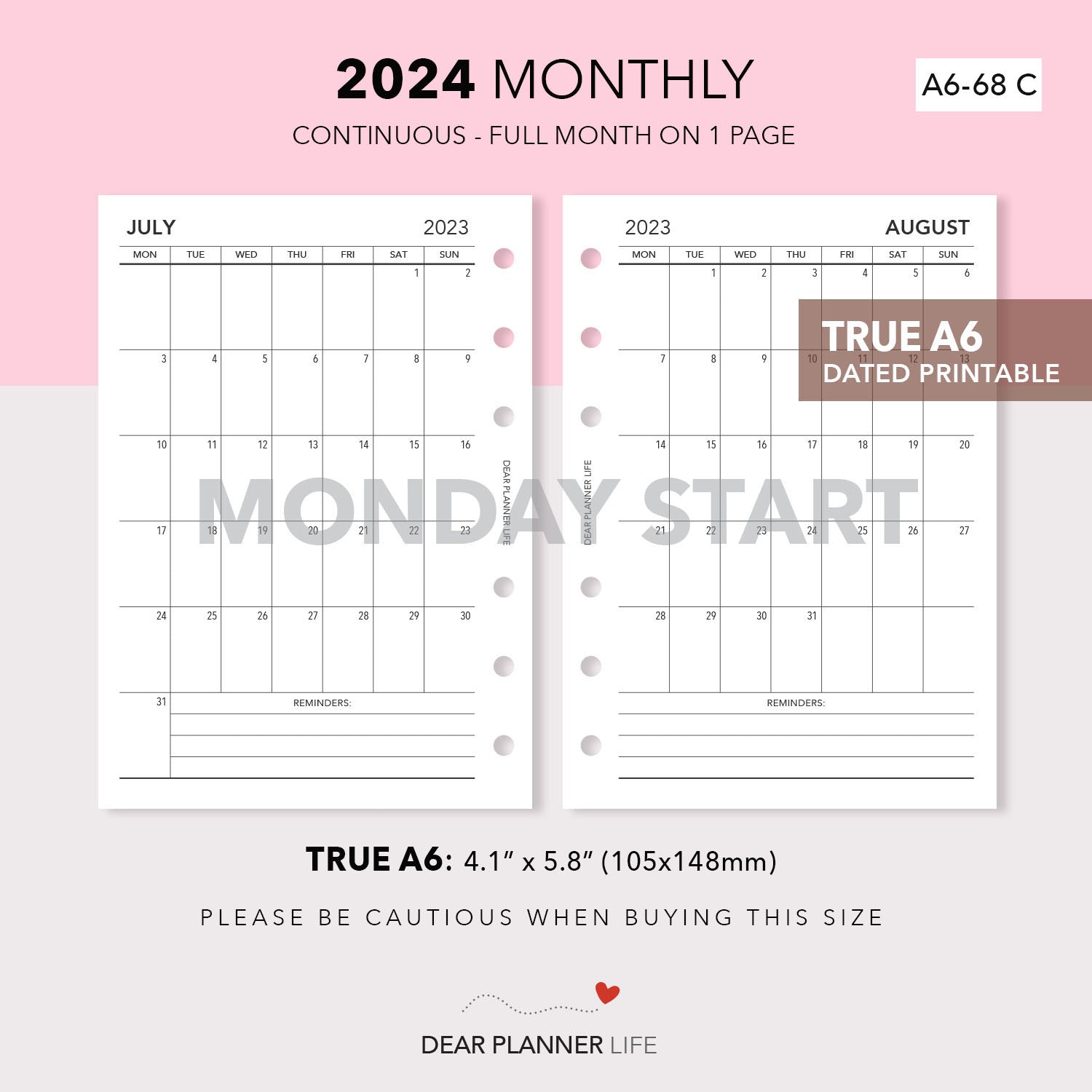 2024 Vertical Month on 1 Page (A6 Rings) MONDAY Start, Printable PDF : A6-68 C