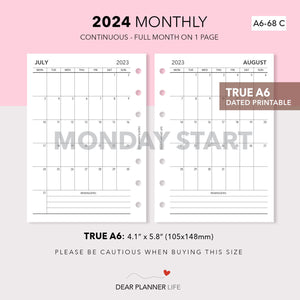 2024 Vertical Month on 1 Page (A6 Rings) MONDAY Start, Printable PDF : A6-68 C