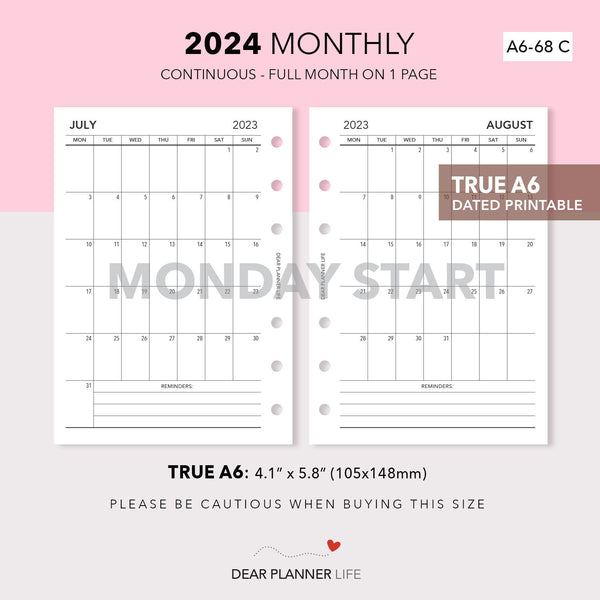 2024 Vertical Month on 1 Page (A6 Rings) MONDAY Start, Printable PDF : A6-68 C