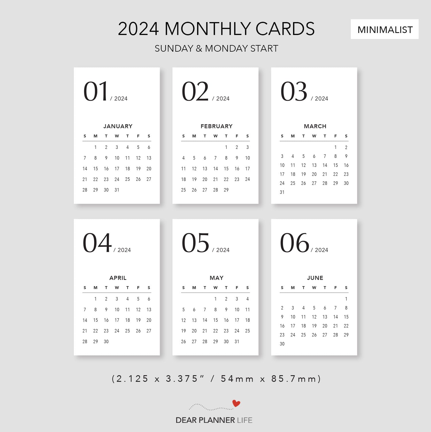 2024 Calendar Cards - Minimalist Style - Printable PDF - PJ01