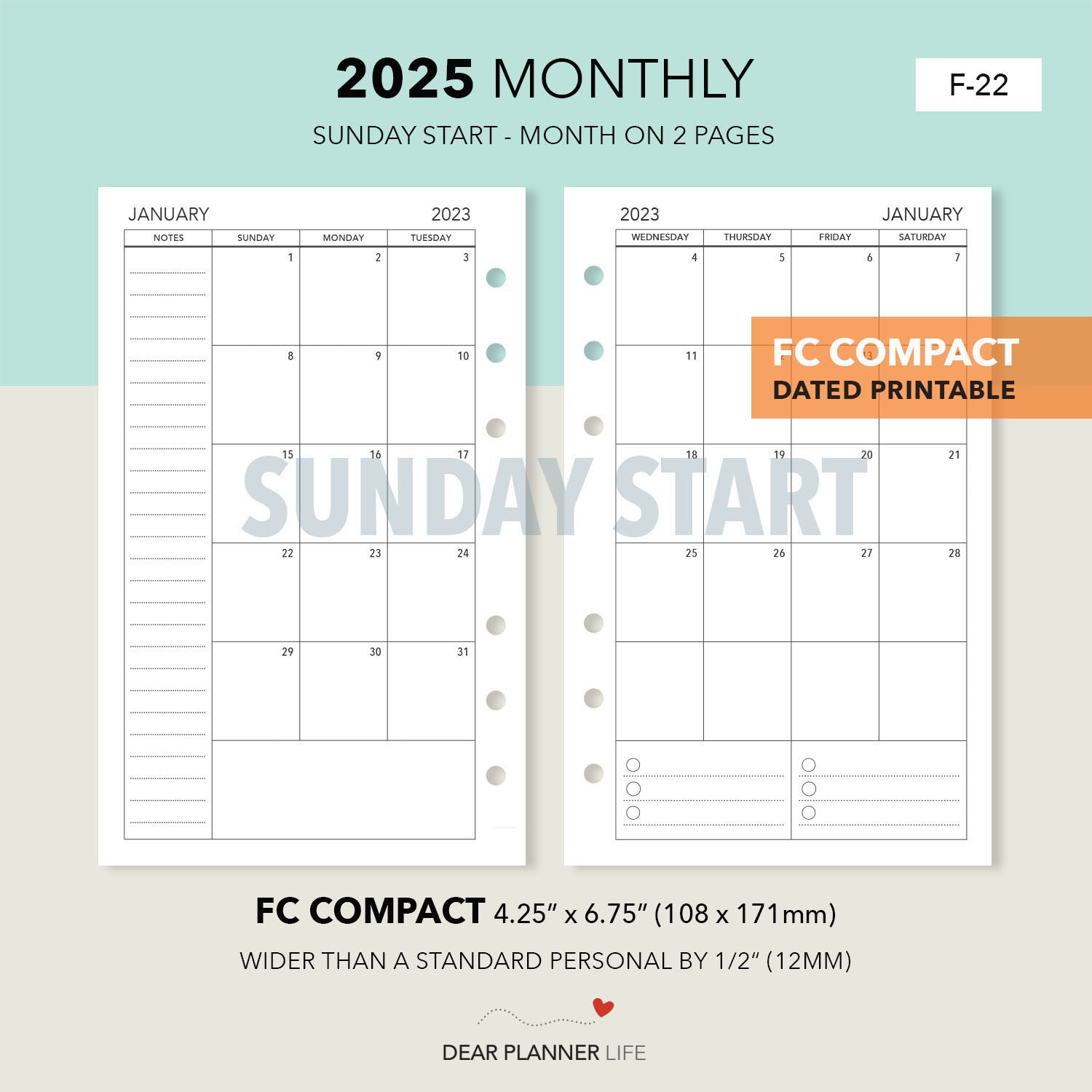 2025 SUNDAY Start Month On 2 Pages (FC Compact Size) Printable PDF : F-22