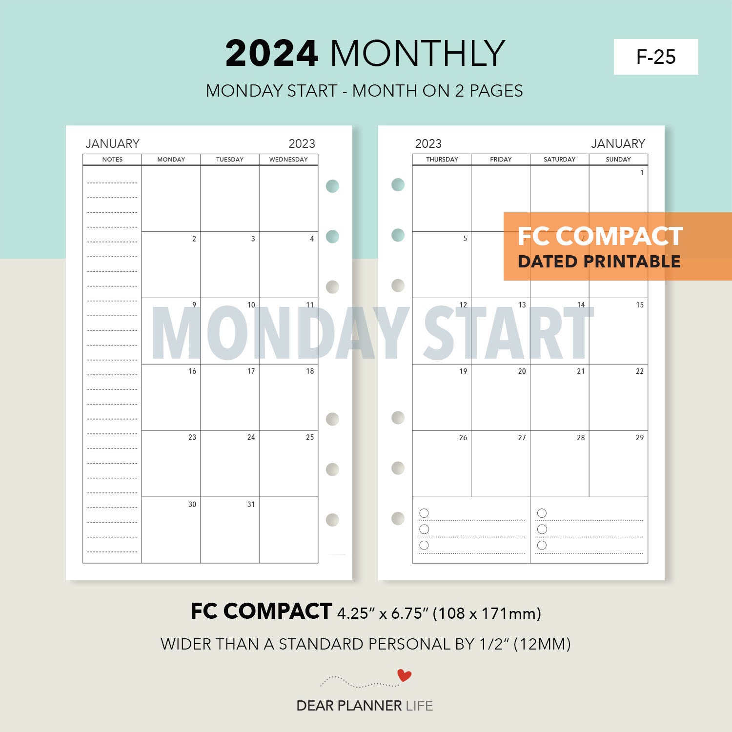 2024 Month On 2 Pages, MONDAY Start (FC Compact) Printable PDF : F-25