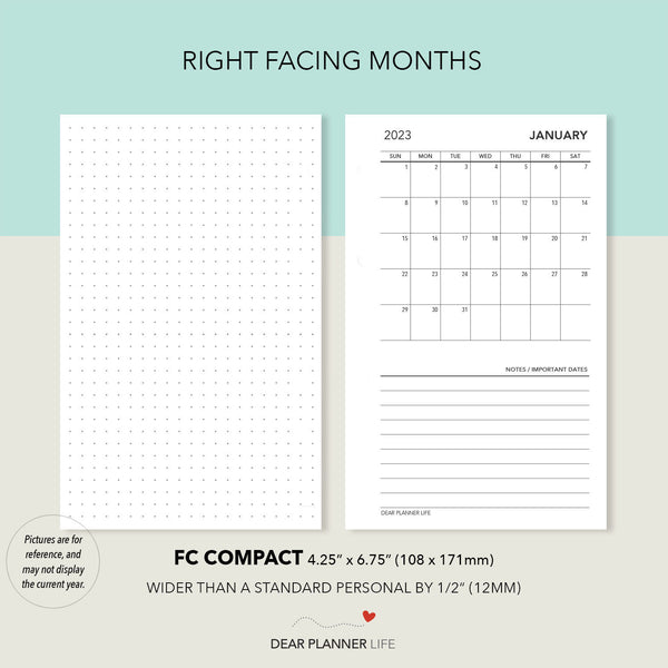 2025 Month On 1 Page with Dots, SUNDAY Start (FC Compact Size) Printable PDF : F-29